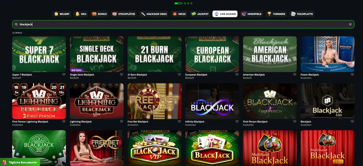 Blackjack-Tisch in der Spinmills-App