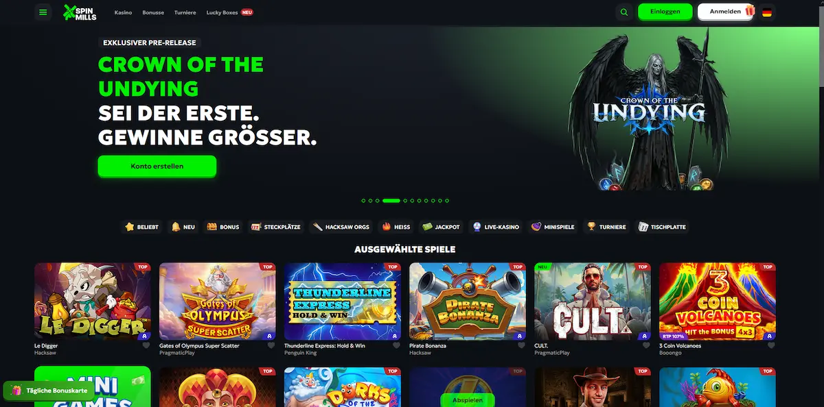 Übersicht der Spinmills-Casino-Lobby mit Spielkategorien