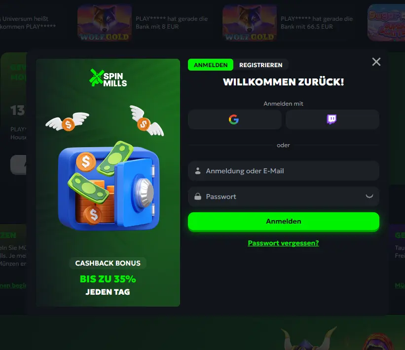 Login-Formular von Spinmills